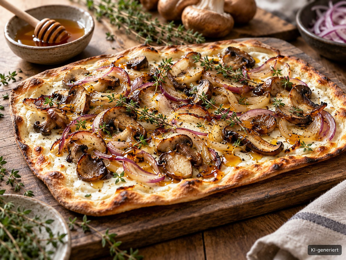 KI-generiertes Foodfoto: Pilz-Flammkuchen mit Zwiebeln und Heidehonig