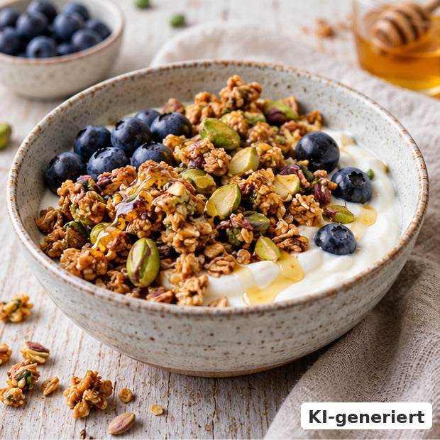 KI-generiertes Foodfoto: Pistazien-Honig-Granola