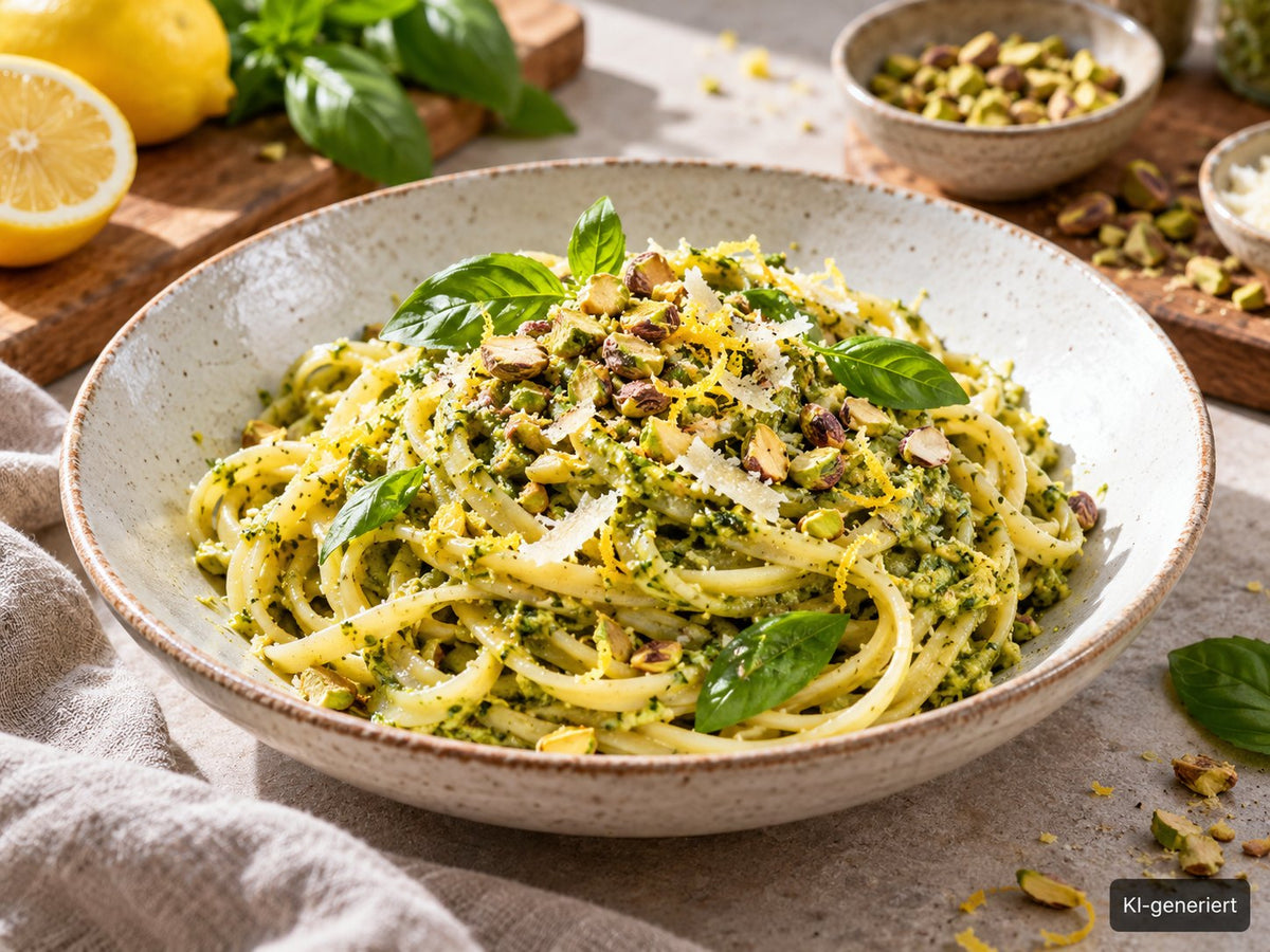 KI-generiertes Foodfoto: Pistazien-Pesto-Pasta mit Zitrone