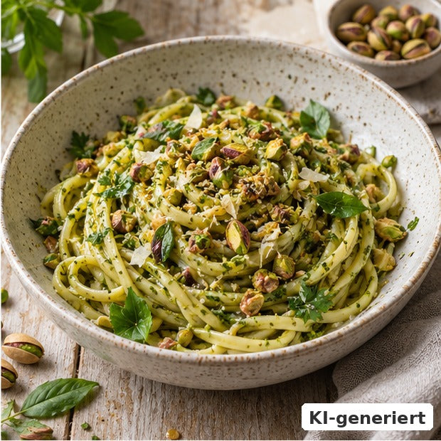 KI-generiertes Foodfoto: Pistazienpesto-Pasta mit Zitronenabrieb