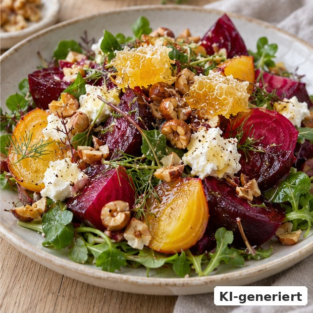 KI-generiertes Foodfoto: Rote-Bete-Salat mit Ziegenkäse und Honigwabe