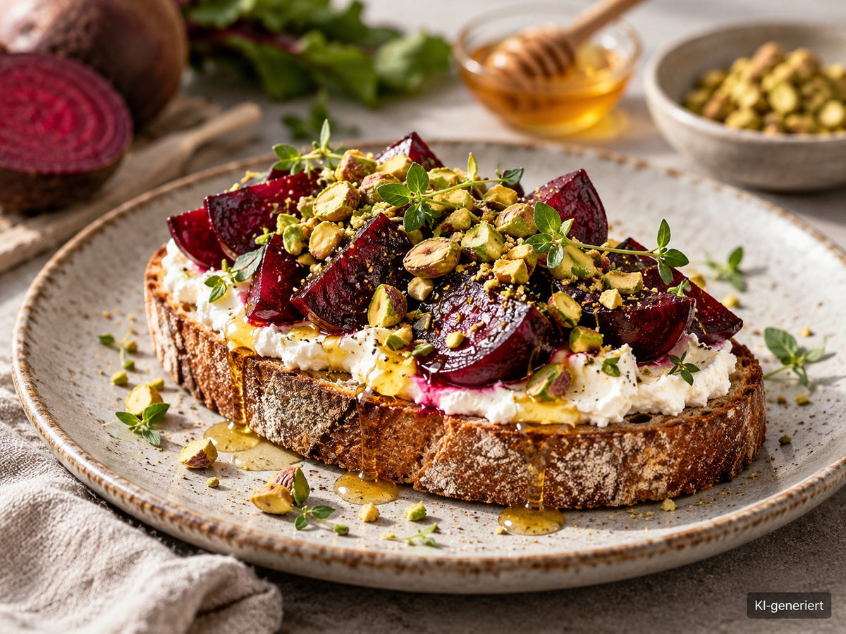 KI-generiertes Foodfoto: Rote-Bete-Sauerteigbrot mit Ziegenfrischkäse und Pistazienhonig