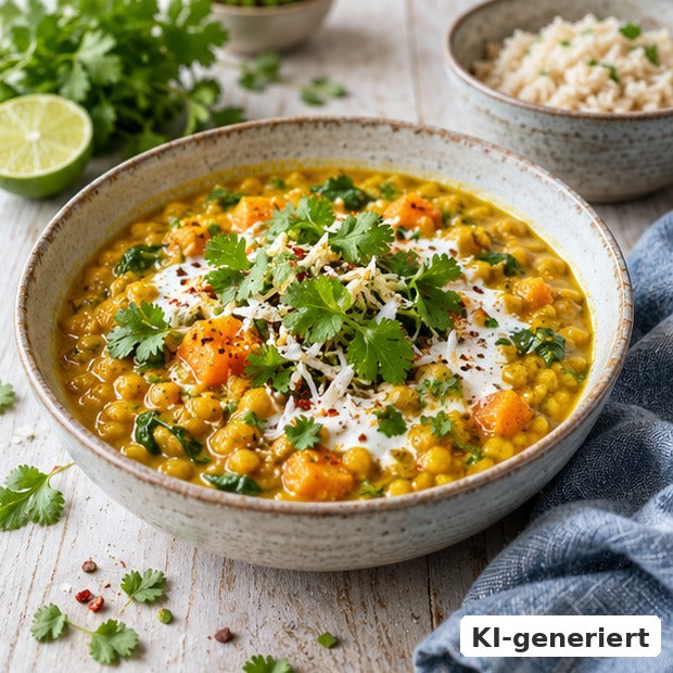 KI-generiertes Foodfoto: Rotes Linsen-Curry mit Kurkuma-Honig