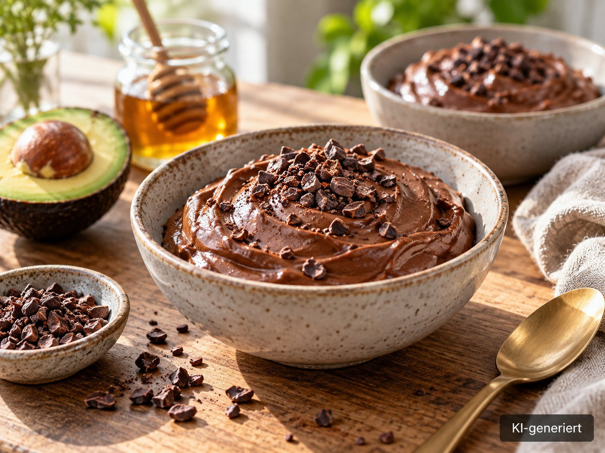 KI-generiertes Foodfoto: Schoko-Avocado-Creme mit Kakaohonig