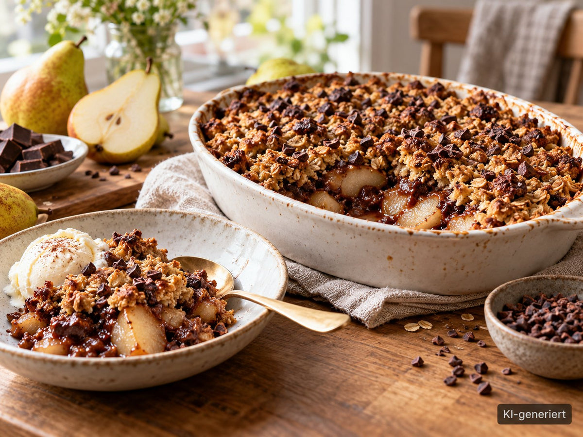 KI-generiertes Foodfoto: Schoko-Birnen-Crumble mit Kakaonibs