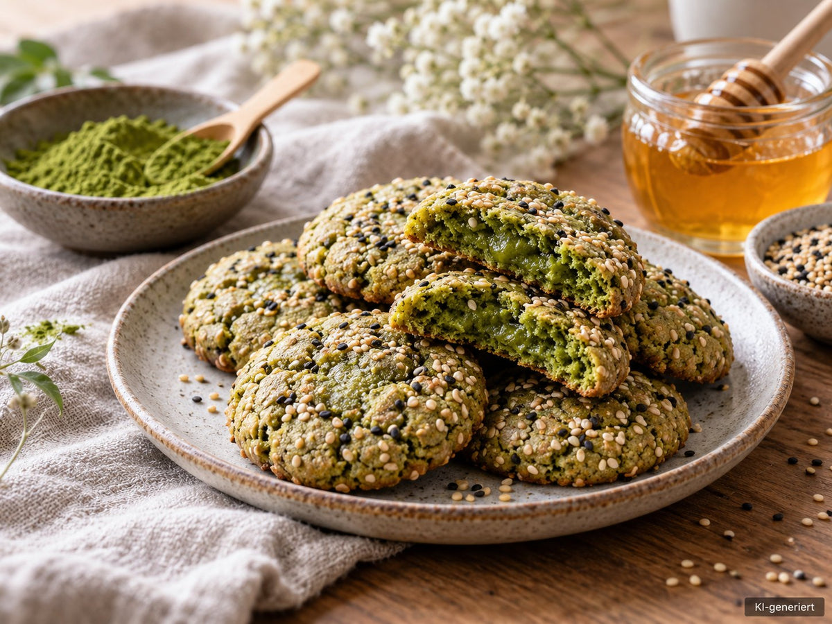 KI-generiertes Foodfoto: Sesam-Matcha-Cookies mit Honig