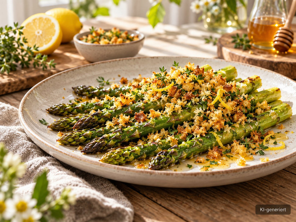 KI-generiertes Foodfoto: Spargel mit Kräuterbröseln und Honig-Zitrone