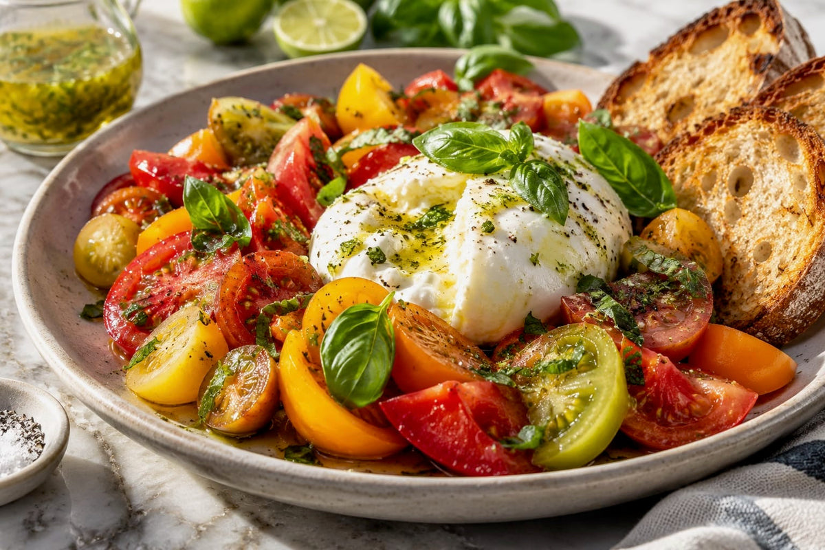 Bunter Tomatensalat mit Burrata, frischem Basilikum und Röstbrot