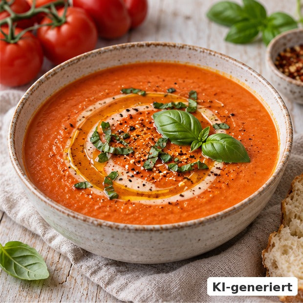 KI-generiertes Foodfoto: Tomaten-Paprika-Suppe mit Basilikumhonig