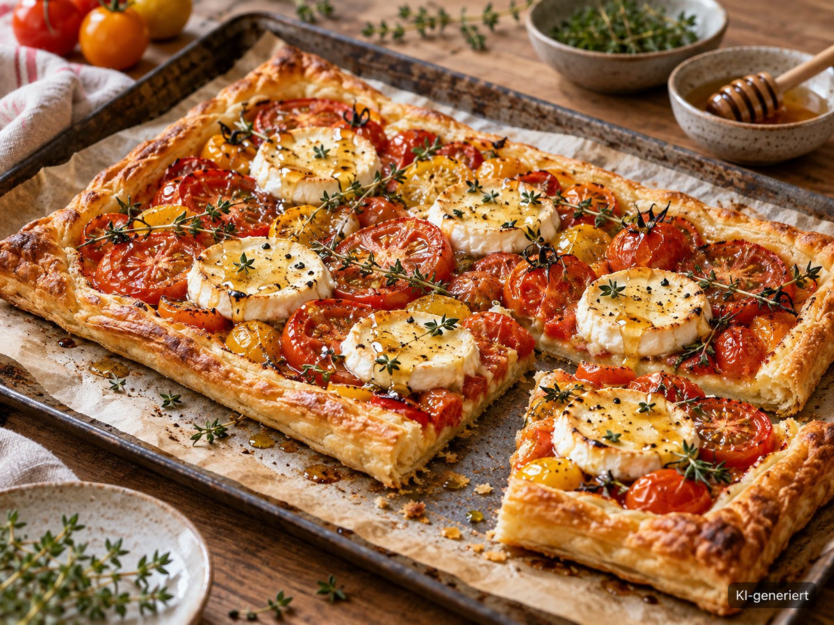 KI-generiertes Foodfoto: Tomaten-Tarte mit Ziegenkäse und Honig