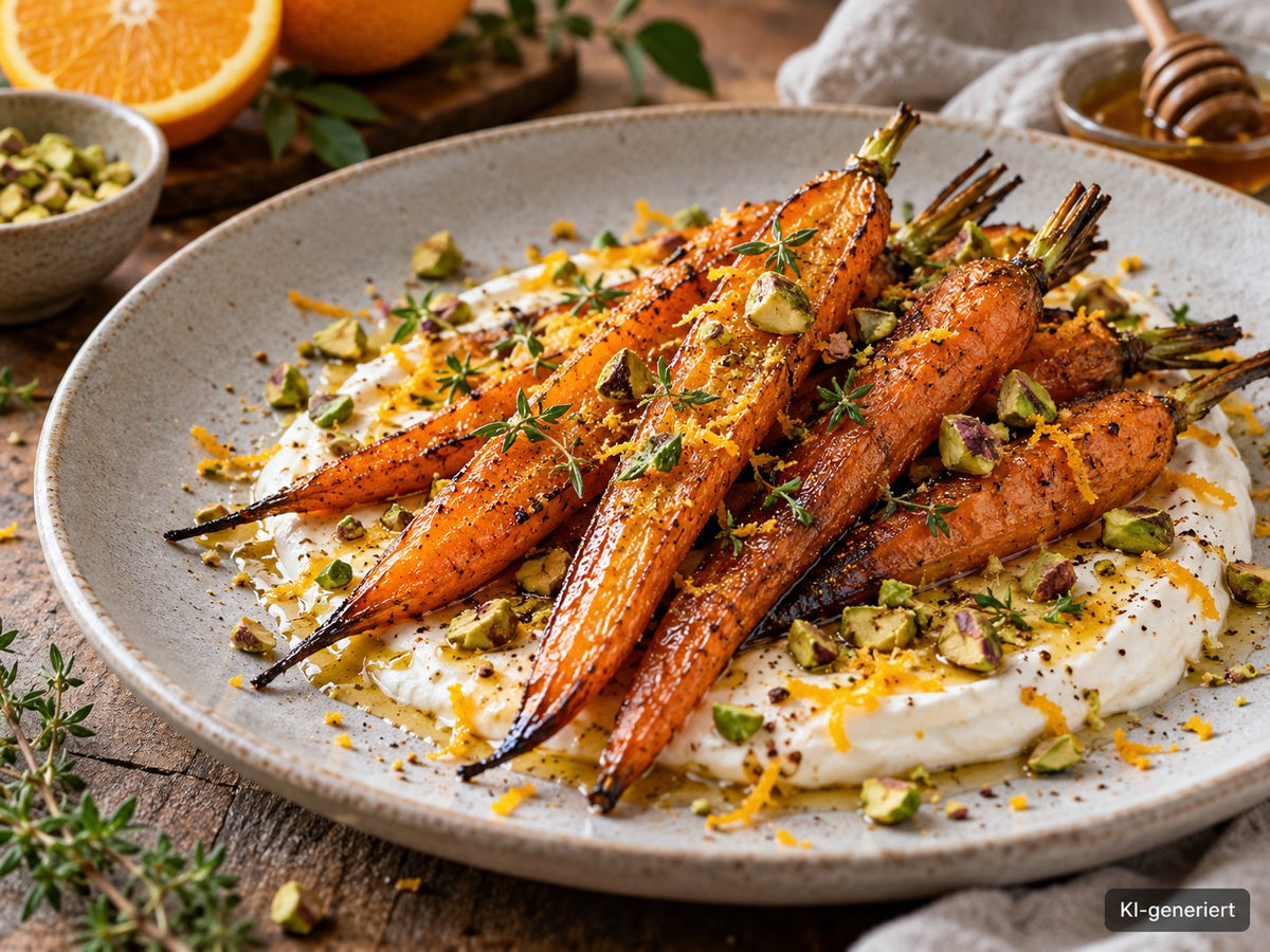 KI-generiertes Foodfoto: Tonkabohnen-Karotten mit Orangen-Labneh