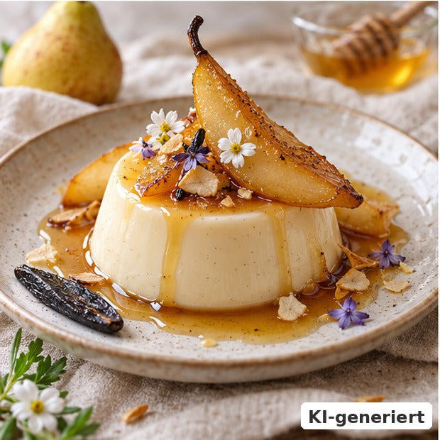 KI-generiertes Foodfoto: Tonkabohnen-Panna-cotta mit Birne