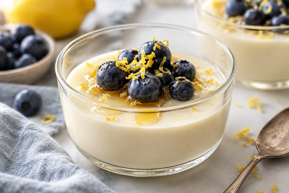 Panna cotta im Glasschälchen mit frischen Blaubeeren und Zitronenabrieb