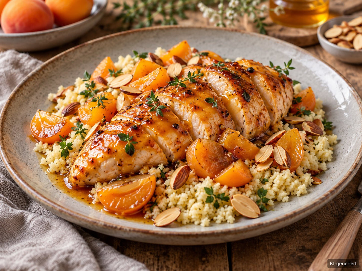 KI-generiertes Foodfoto: Tonkahähnchen mit Aprikosen und Couscous