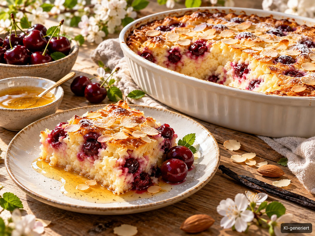 KI-generiertes Foodfoto: Vanille-Mandel-Grießauflauf mit Kirschen