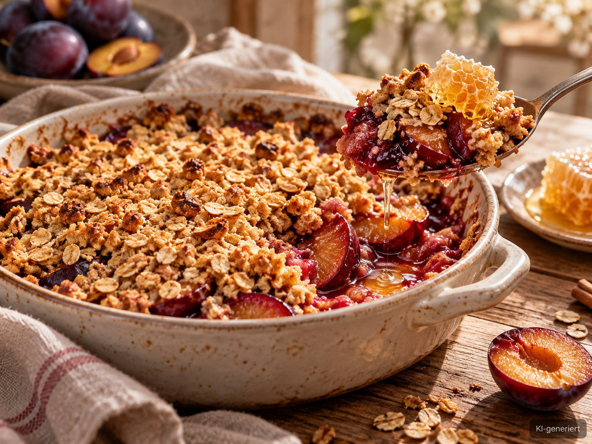 KI-generiertes Foodfoto: Warmer Hafer-Crumble mit Zwetschgen und Wabenhonig