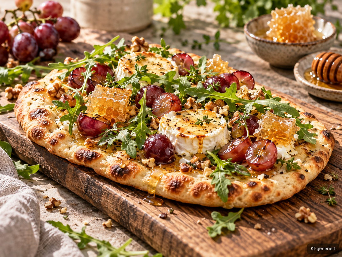 KI-generiertes Foodfoto: Ziegenkäse-Fladen mit Trauben und Sommerhonigwabe