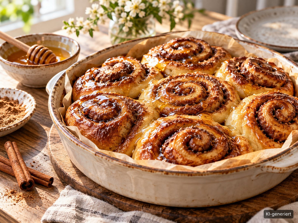 KI-generiertes Foodfoto: Zimtschnecken mit Zimtblüten-Honigfüllung