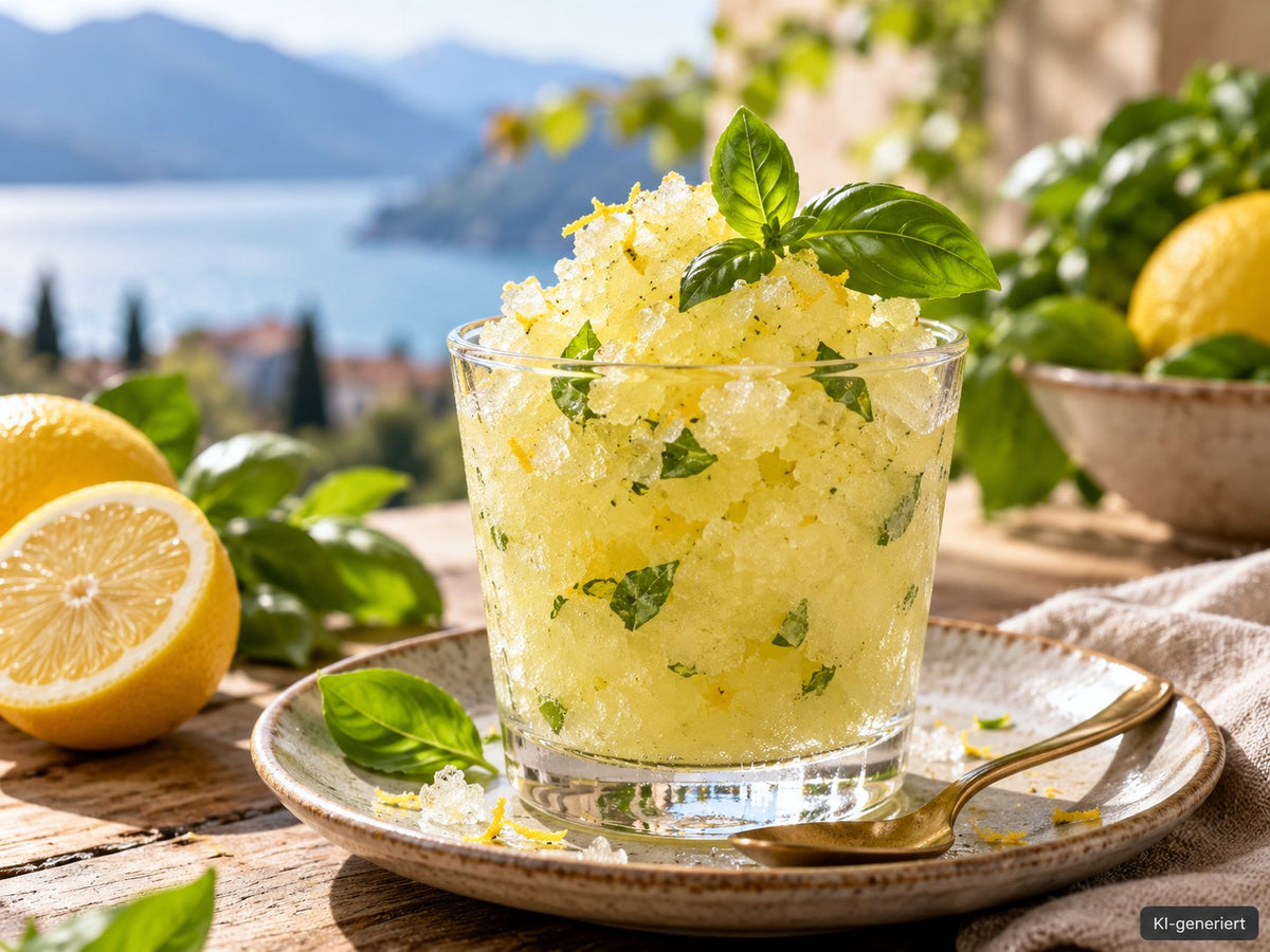 KI-generiertes Foodfoto: Zitronen-Basilikum-Granita mit Honig