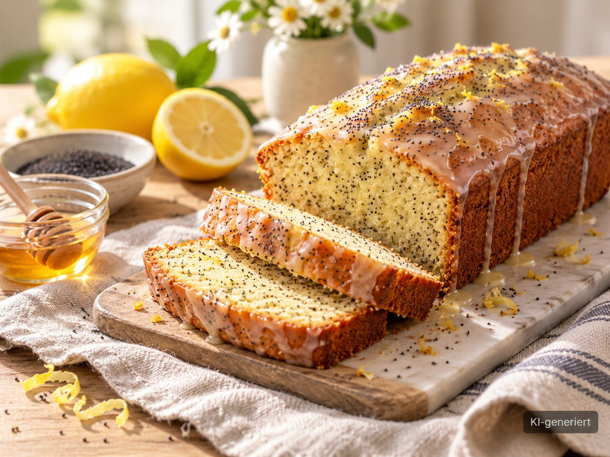 KI-generiertes Foodfoto: Zitronen-Mohn-Kastenkuchen mit Honigglasur