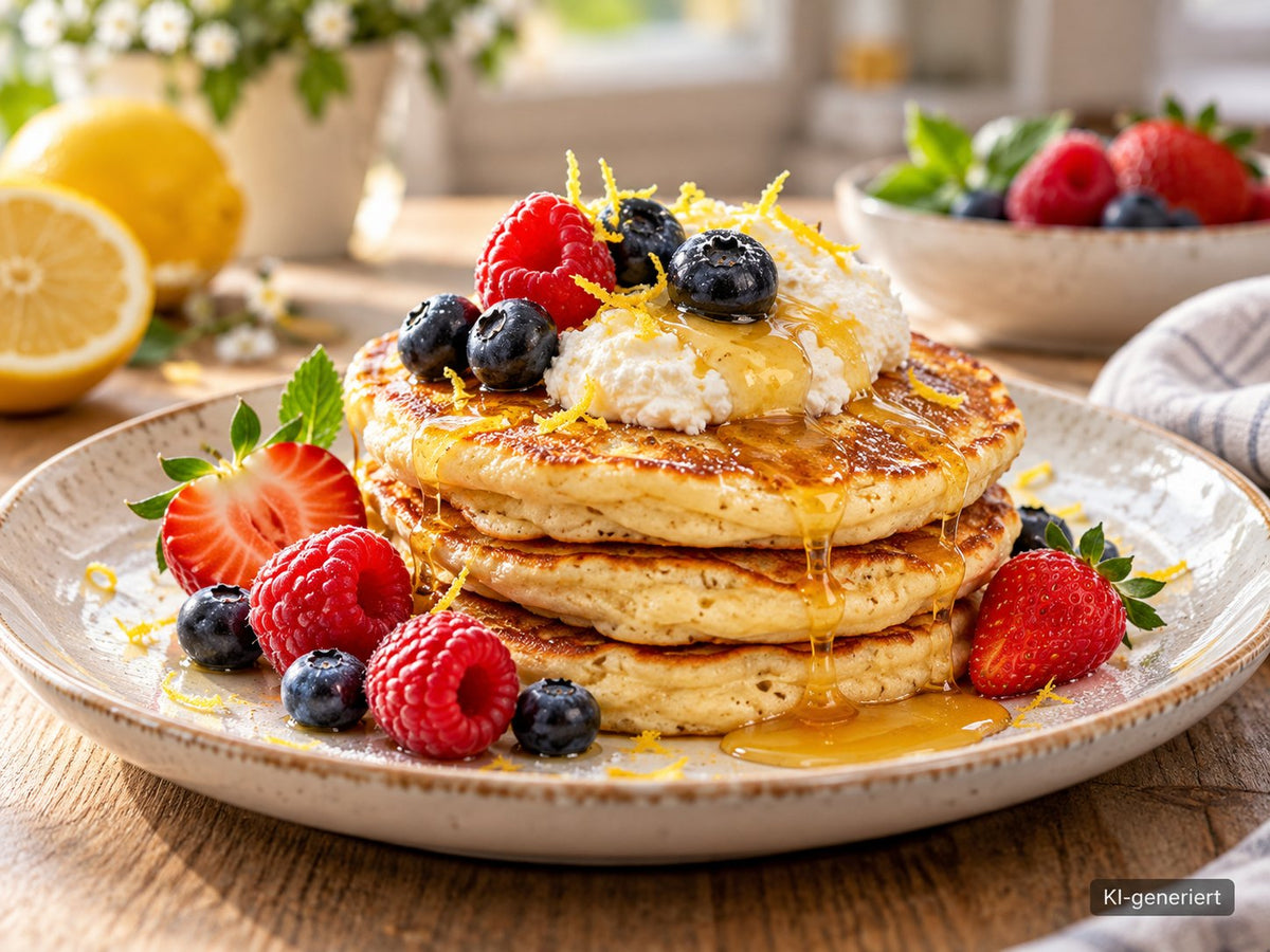 KI-generiertes Foodfoto: Zitronen-Ricotta-Pancakes mit Rapshonig